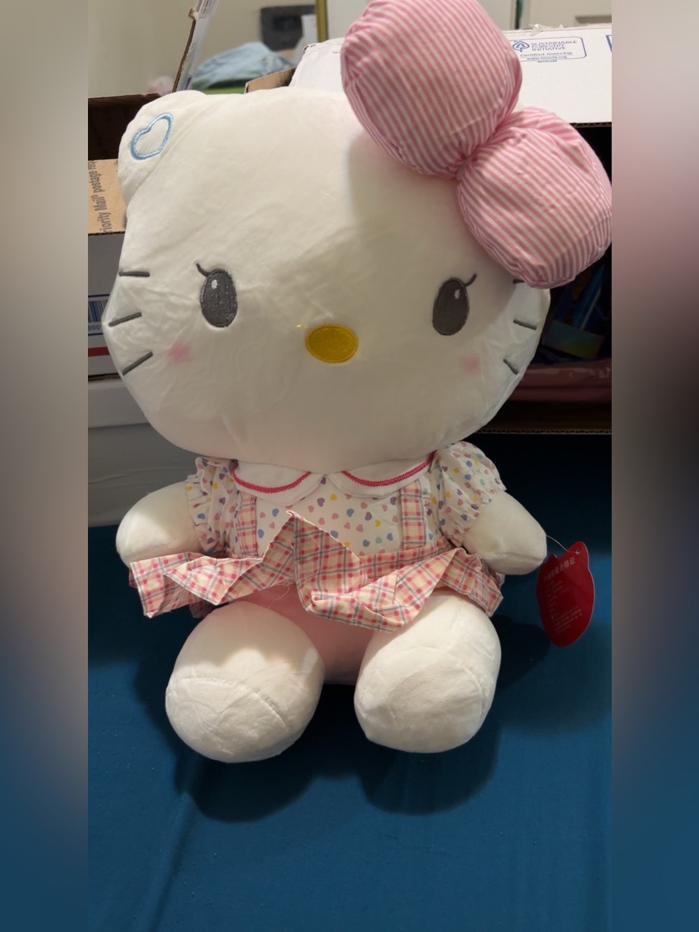 Hello Kitty White Plush with Pink Striped Bow and Pastel Heart Dress